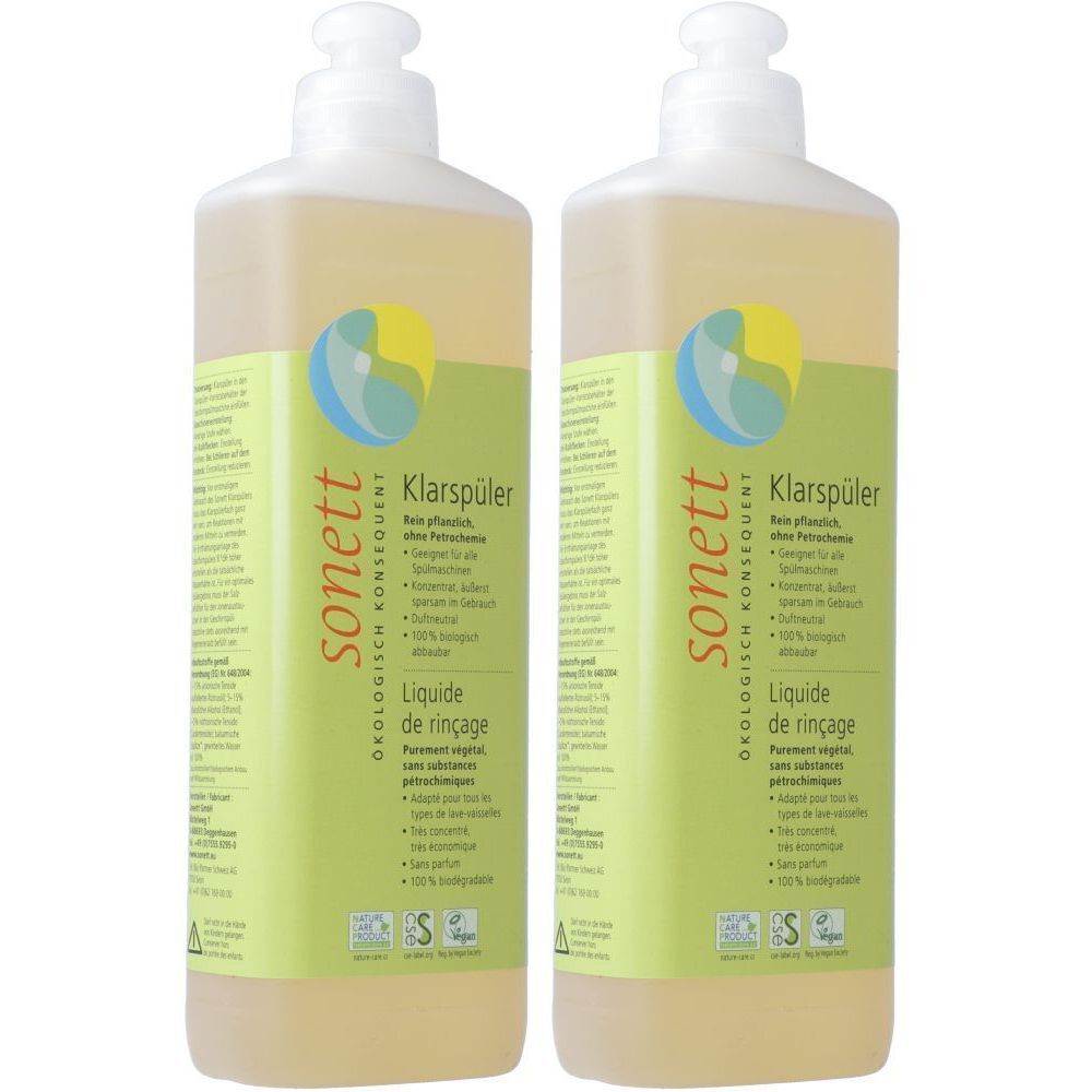 Deux flacons de liquide de rinçage avec étiquette. Marque : sonett. Inscription : Écologique, sans parfum. Avec certifications.