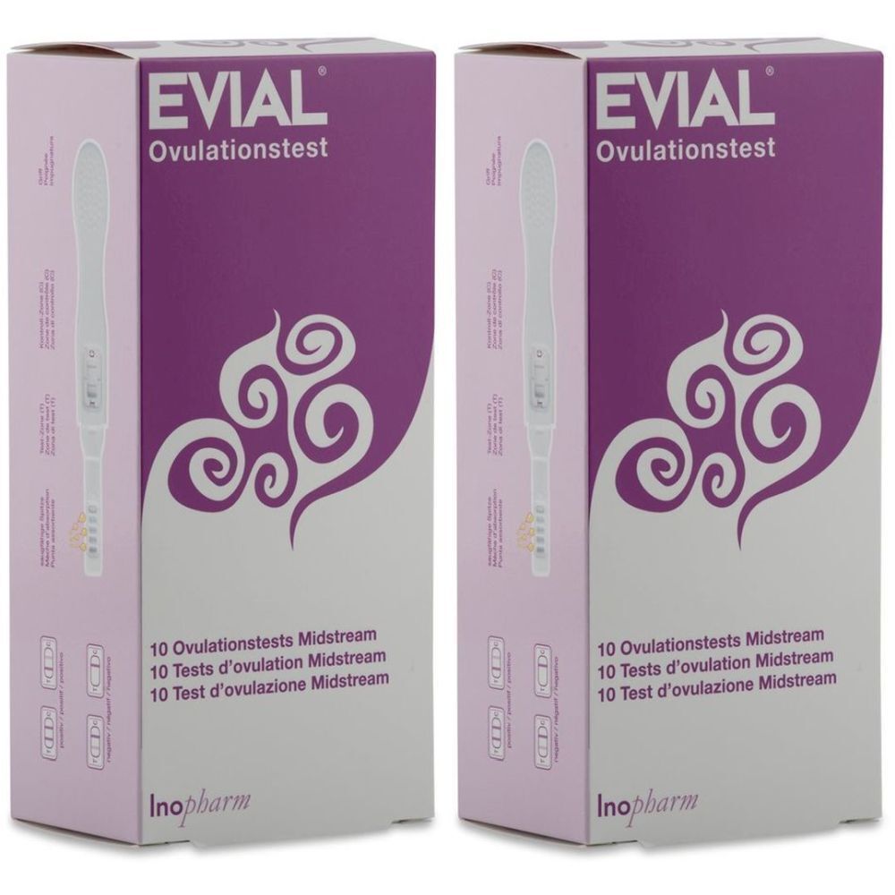 Deux boîtes de test d'ovulation EVIAL. Inscription: 10 tests d'ovulation Midstream. Design violet et blanc avec image du produit. Logo Inopbarm.