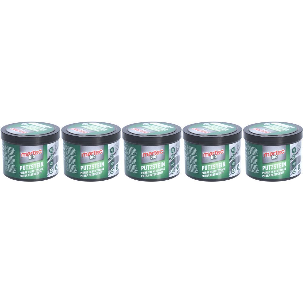 Cinq boîtes rondes avec couvercles noirs. Le mot "Putzstein" et la marque "martec" sont visibles.
