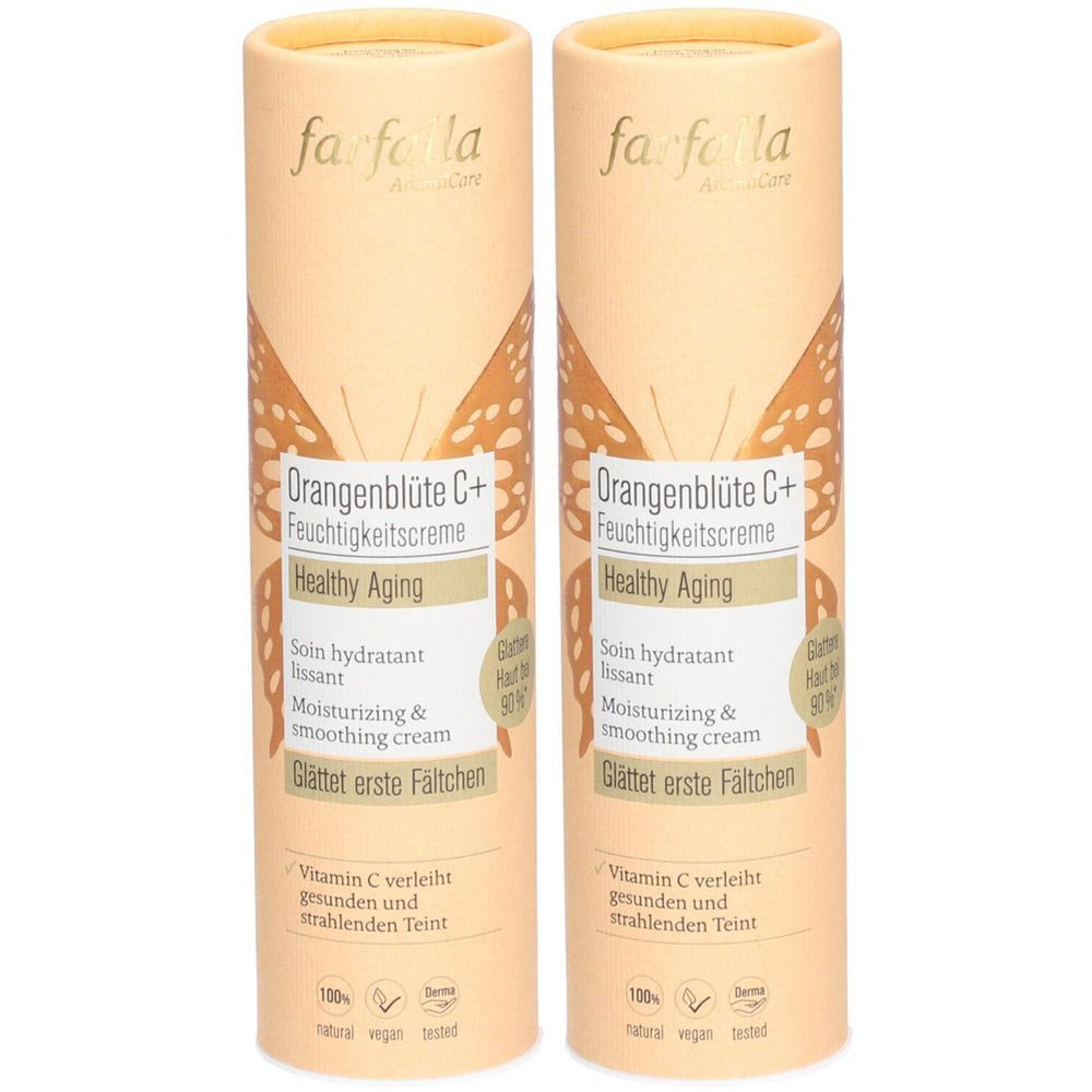 Deux emballages cylindriques avec impression de produit. Inscription : FARFALLA Orangenblüte C+ Feuchtigkeitscreme, Healthy Aging.
