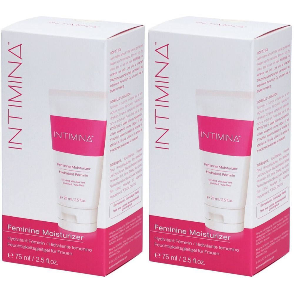 Deux boîtes blanches avec des accents roses. Imprimé : INTIMINA, Feminine Moisturizer. Tubes de produit dans les boîtes.