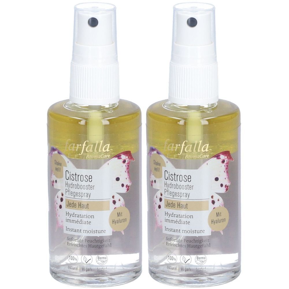 Deux flacons spray avec tête blanche. Inscription: Cistrose Hydrobooster Pflegespray. Avec acide hyaluronique. Pour chaque peau.