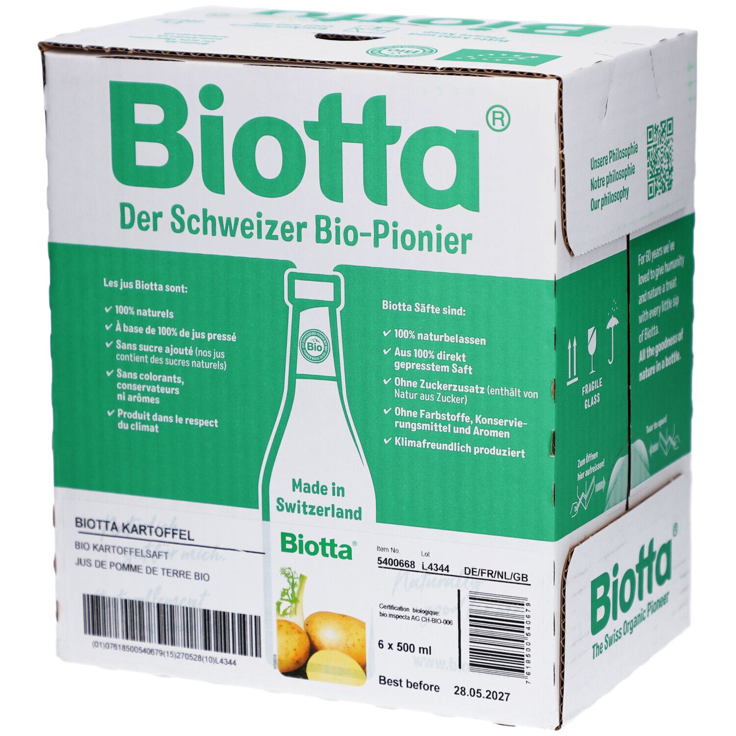 Carton de jus de pommes de terre Biotta. Emballage vert et blanc avec informations et logo. 6 x 500 ml.