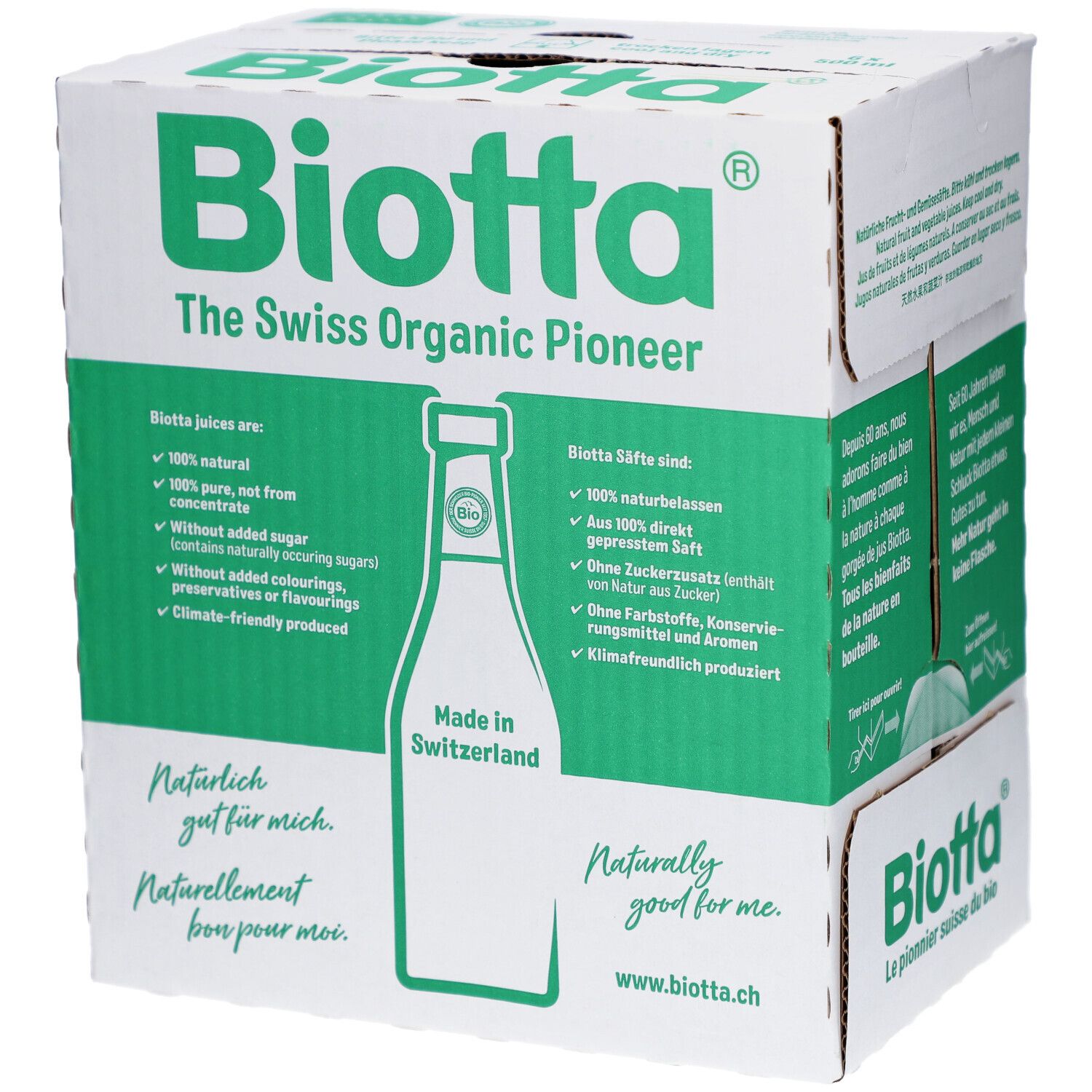 Carton de jus de pommes de terre Biotta. Emballage vert et blanc avec informations et logo. Vue de face.