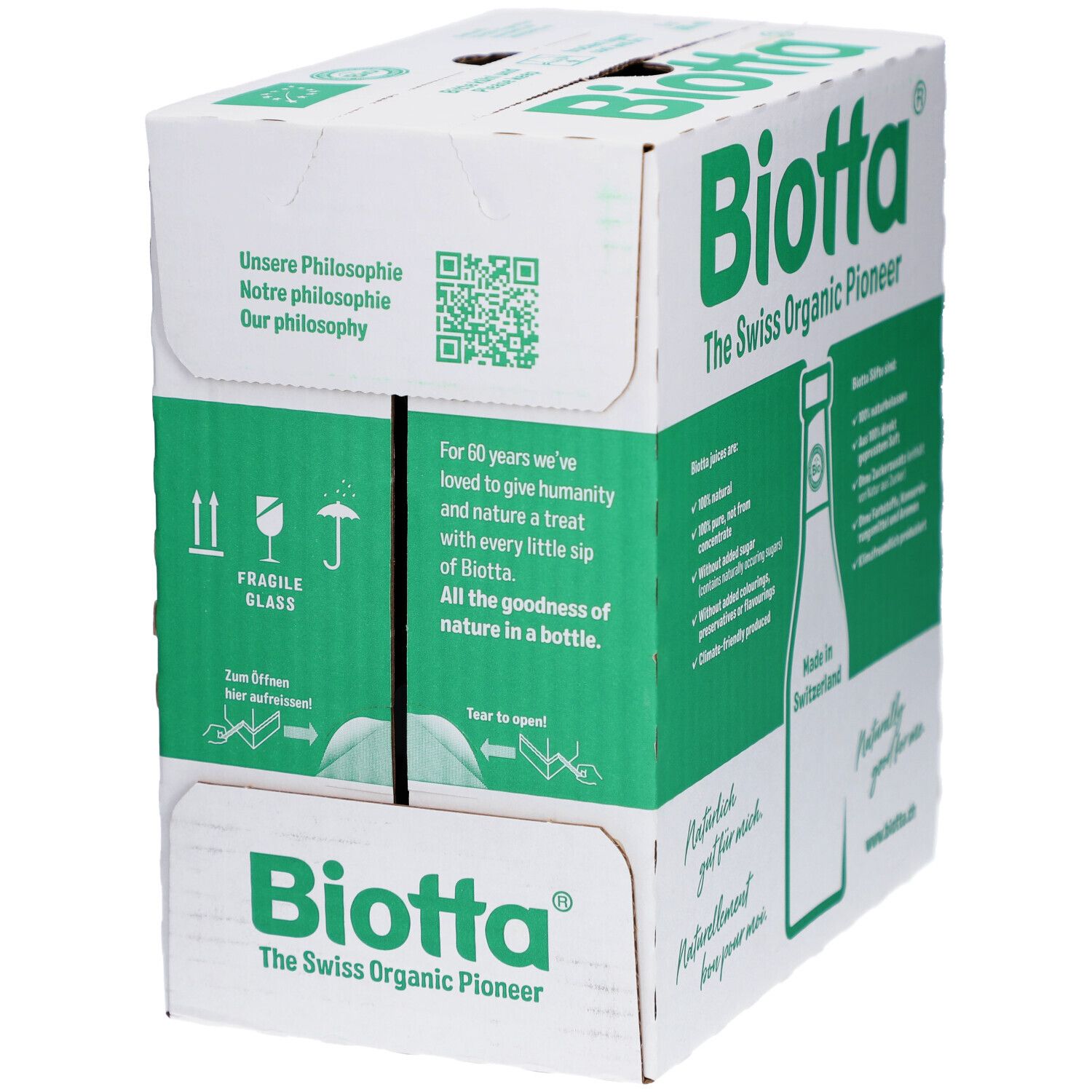 Carton de jus de pommes de terre Biotta. Emballage vert et blanc avec informations et logo. Vue de face.