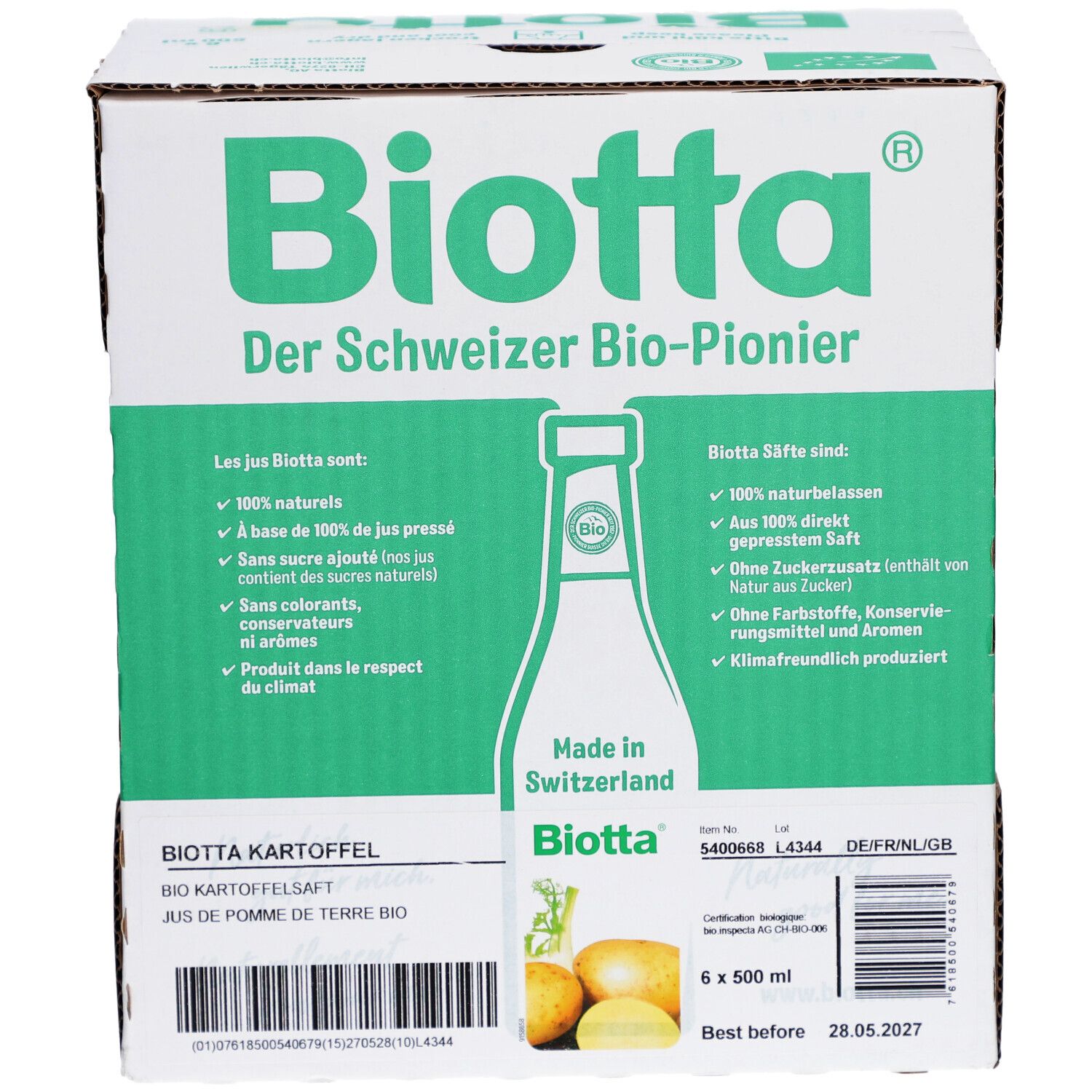 Carton de jus de pommes de terre Biotta. Emballage vert et blanc avec informations et logo. 6 x 500 ml.