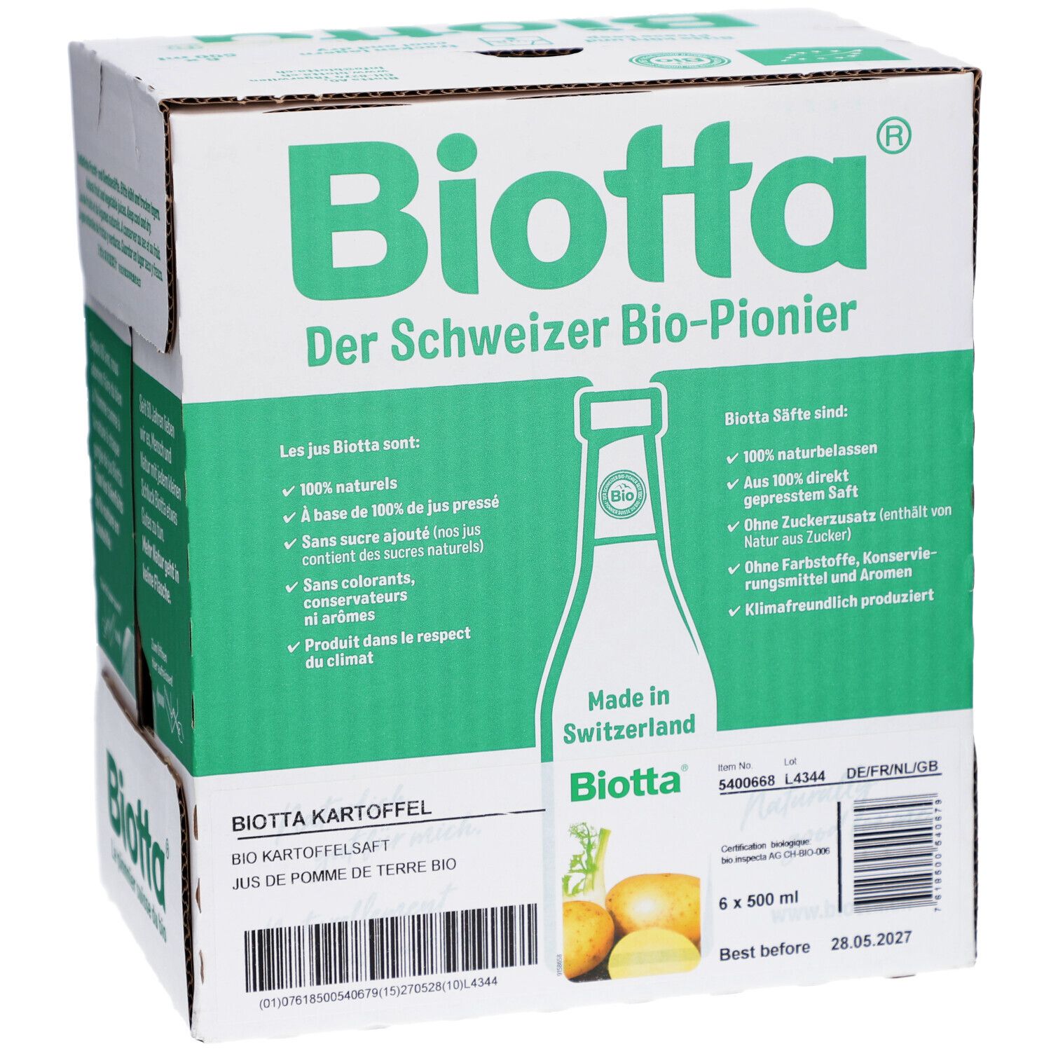 Carton de jus de pommes de terre Biotta. Emballage vert et blanc avec informations et logo. 6 x 500 ml.
