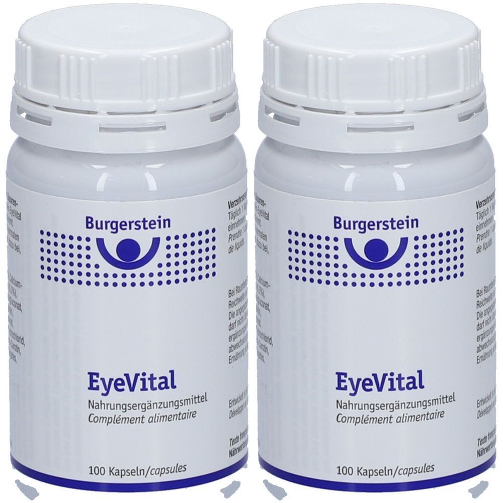 Deux flacons blancs avec bouchon à vis. Inscription Burgerstein, EyeVital, complément alimentaire. 100 capsules.