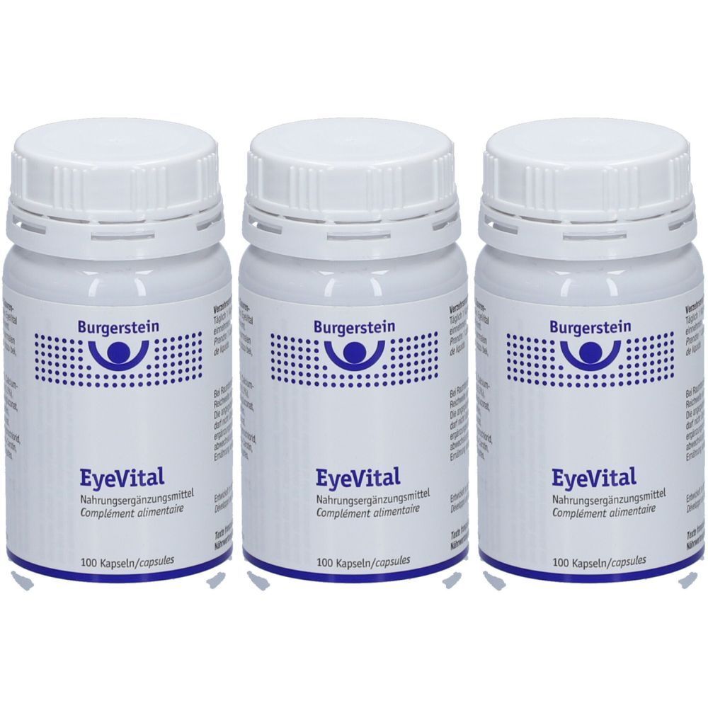 Trois flacons blancs avec bouchons à vis. Inscription : Burgerstein, EyeVital, complément alimentaire, 100 capsules.