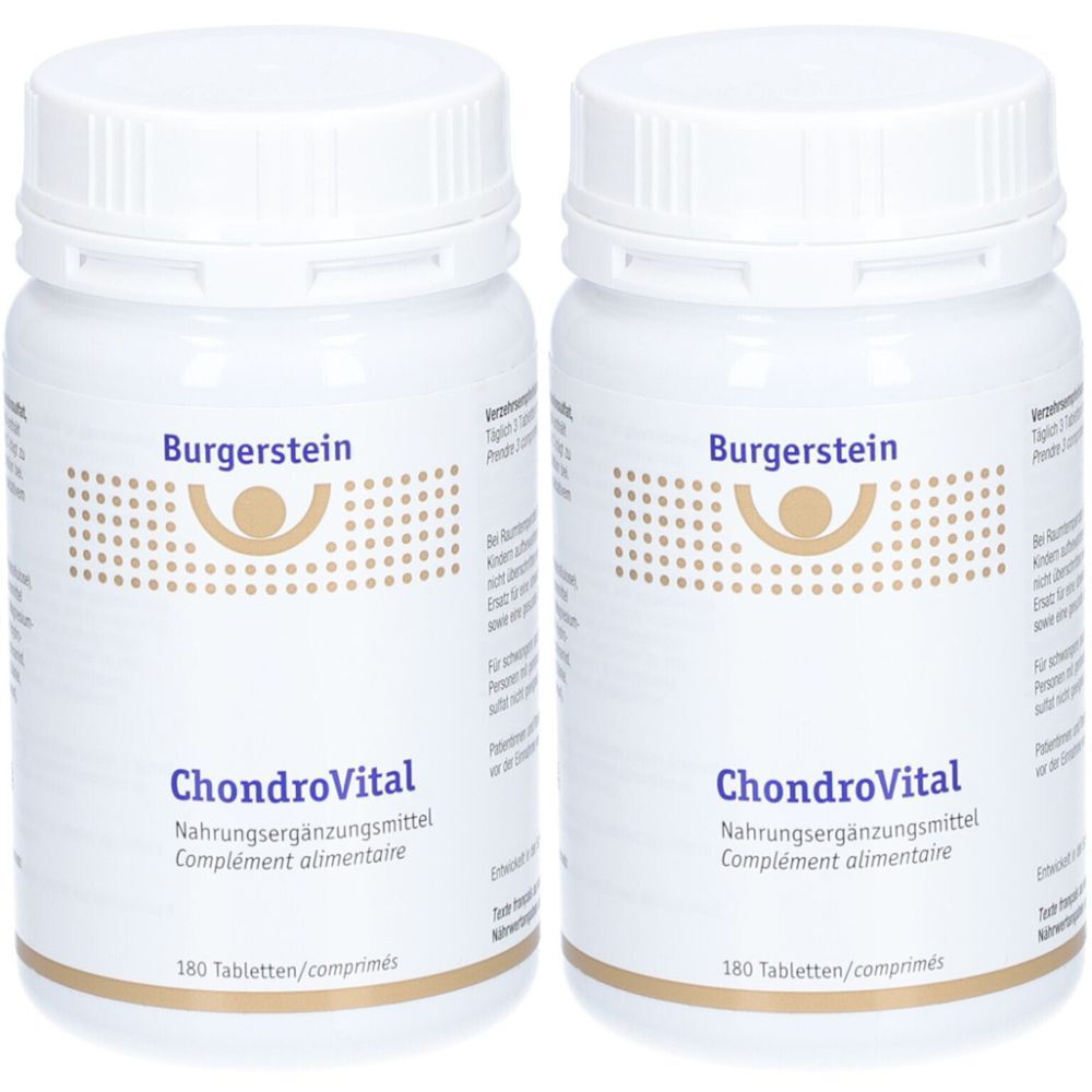 Deux flacons blancs avec bouchons à vis. Chaque flacon porte l'inscription "Burgerstein ChondroVital Complément alimentaire". Chaque flacon contient 180 comprimés.