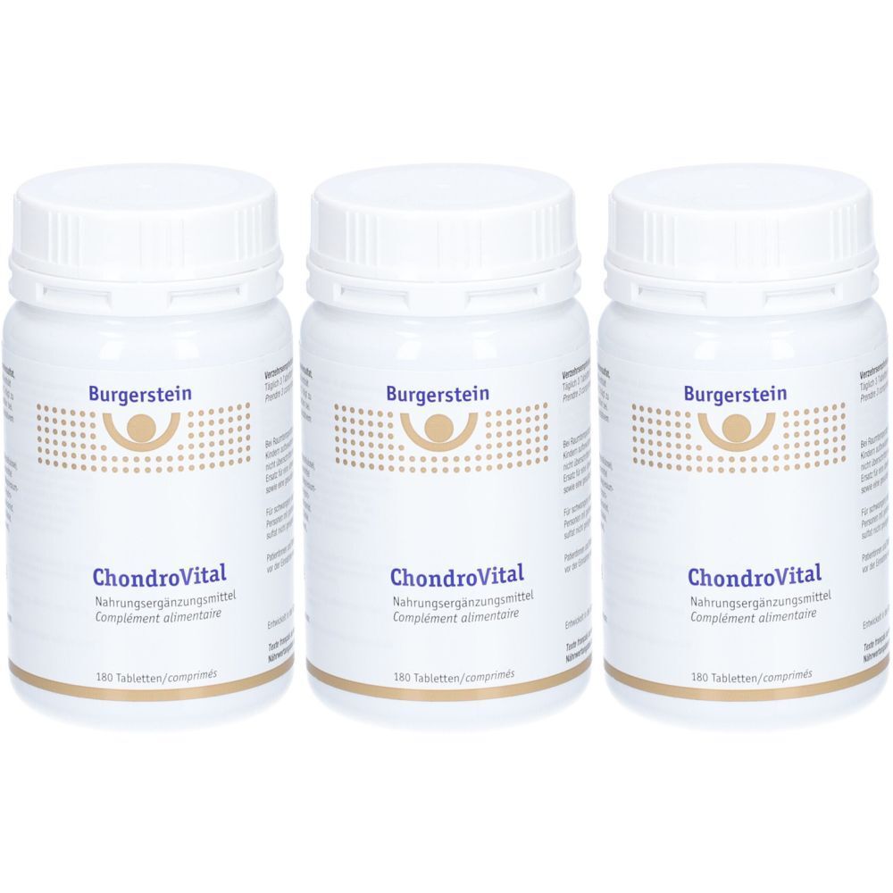 Trois flacons blancs avec bouchons à vis. Chaque flacon porte l'inscription "Burgerstein ChondroVital".