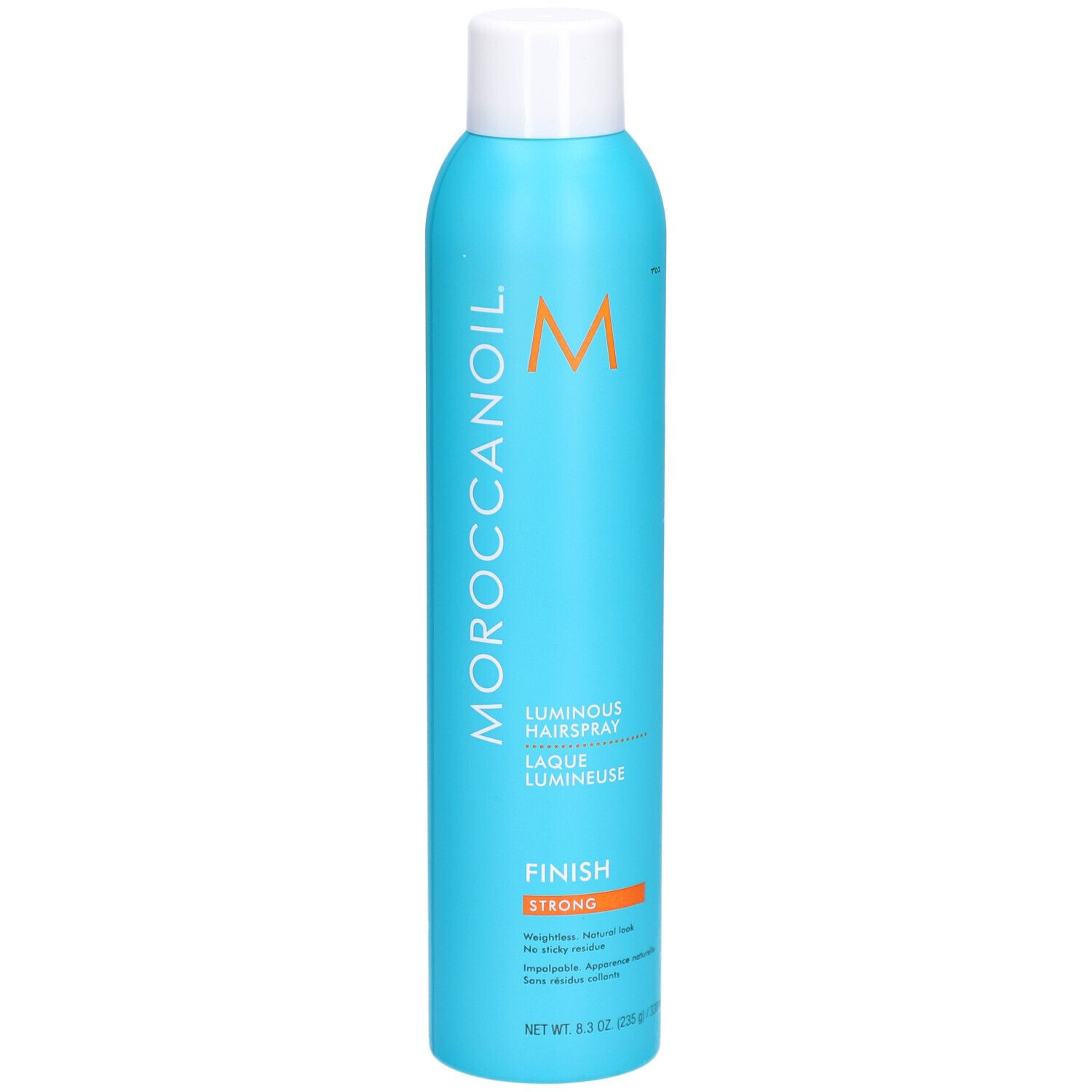 Flacon de laque bleu turquoise avec bouchon blanc. Inscriptions : MOROCCANOIL, Luminous Hairspray, Finish Strong. Bande orange.