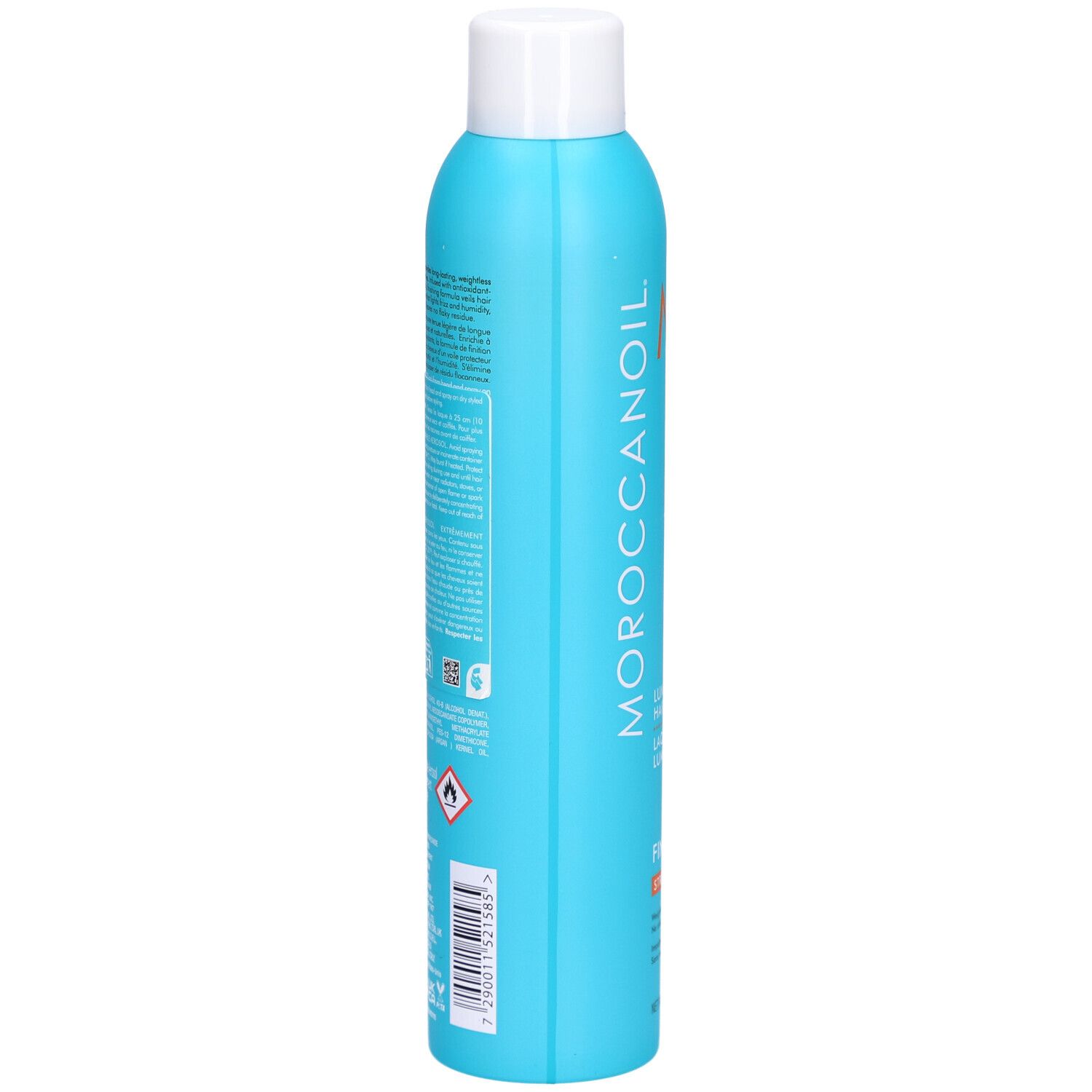 Flacon de laque bleu turquoise avec bouchon blanc. Dos avec texte et symboles. Inscriptions : MOROCCANOIL, Luminous Hairspray, Finish Strong.