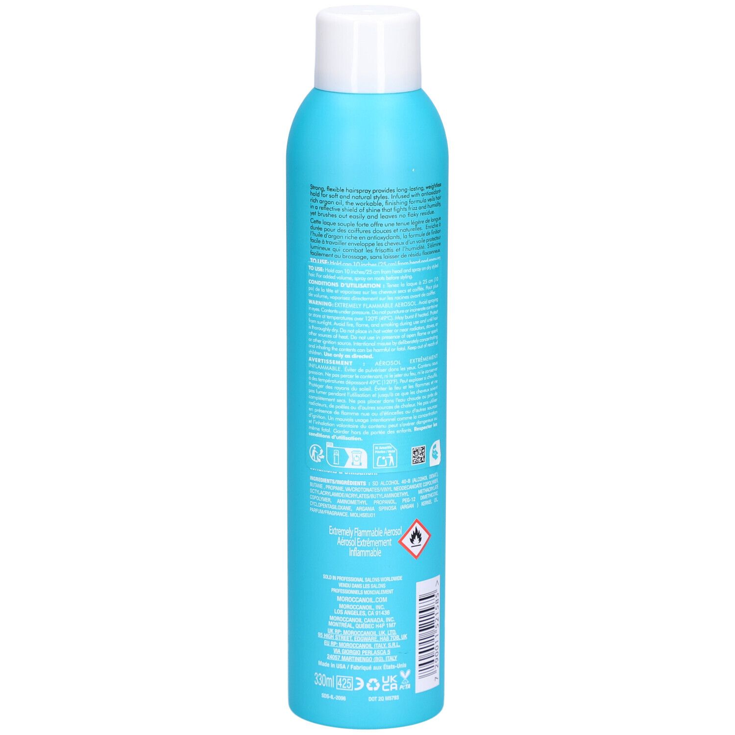 Flacon de laque bleu turquoise avec bouchon blanc. Dos avec texte et symboles. Inscriptions : MOROCCANOIL, Luminous Hairspray, Finish Strong.