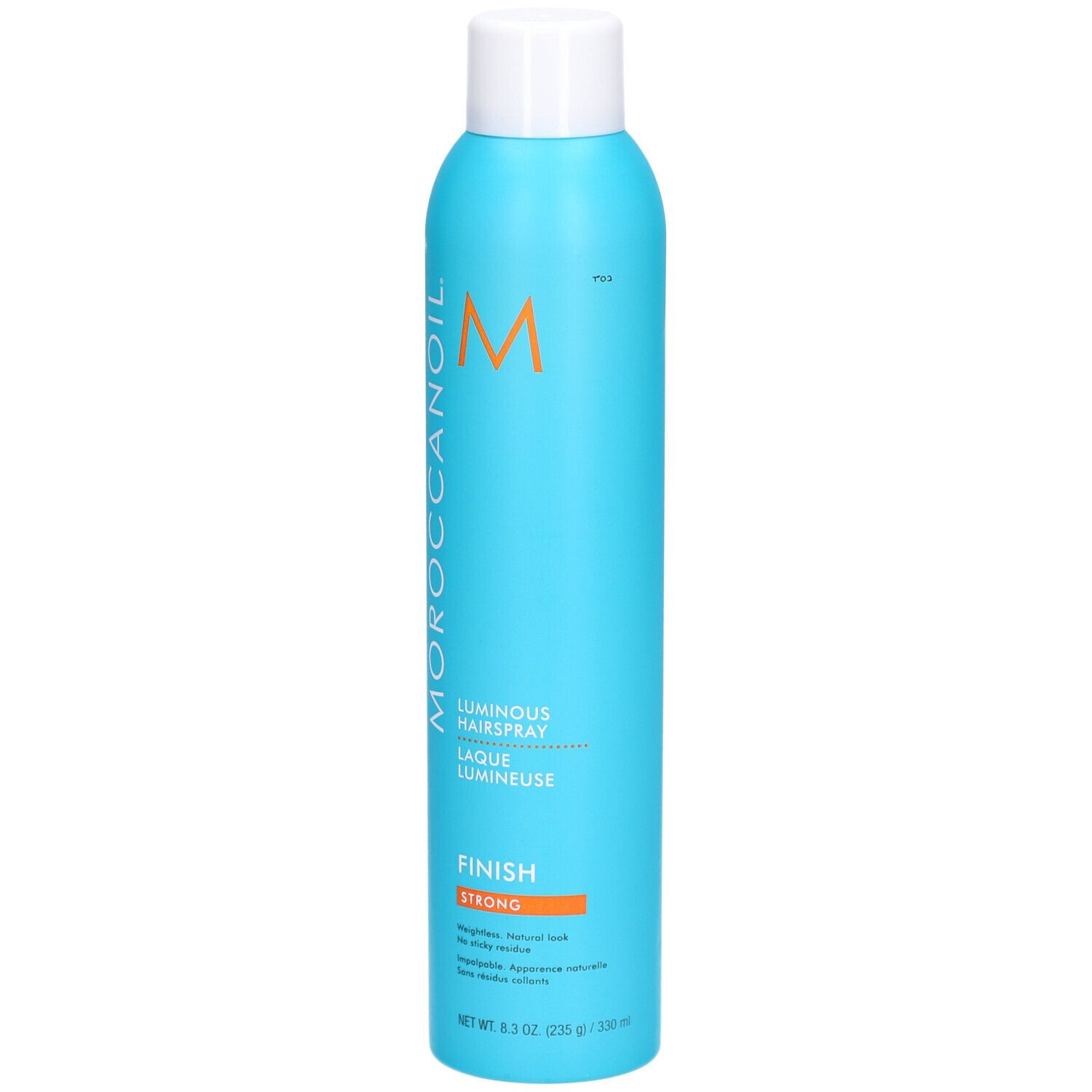 Flacon de laque bleu turquoise avec bouchon blanc. Inscriptions : MOROCCANOIL, Luminous Hairspray, Finish Strong. Bande orange.