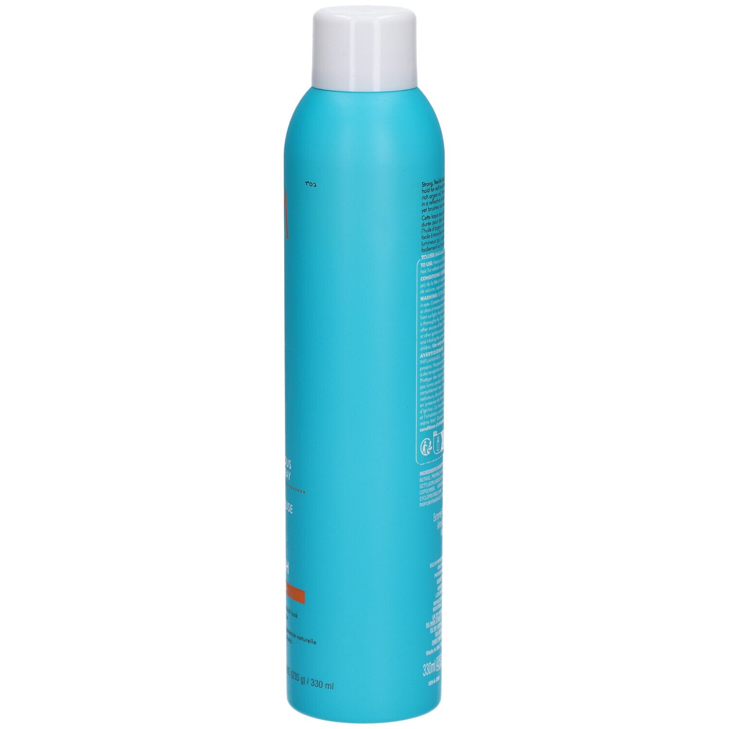 Flacon de laque bleu turquoise avec bouchon blanc. Dos avec texte et symboles. Inscriptions : MOROCCANOIL, Luminous Hairspray, Finish Strong.