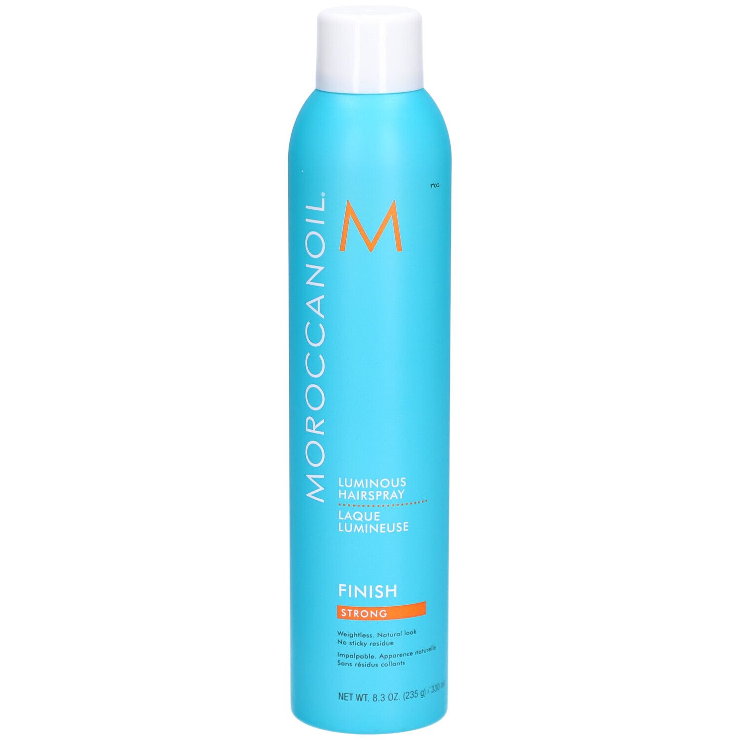 Flacon de laque bleu turquoise avec bouchon blanc. Inscriptions : MOROCCANOIL, Luminous Hairspray, Finish Strong. Bande orange.