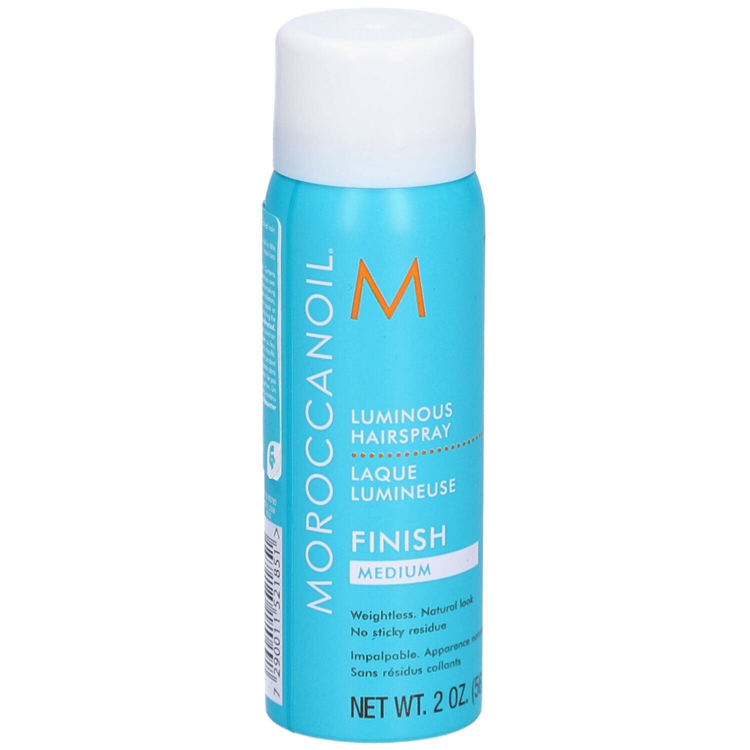 Flacon de laque turquoise avec bouchon blanc. Inscriptions: MOROCCANOIL, Luminous Hairspray, Finish Medium. 2 oz.