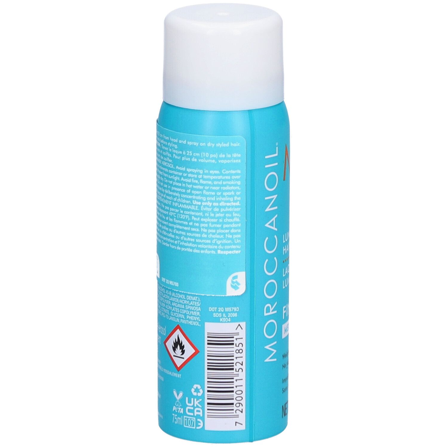 Dos d'un flacon de laque turquoise avec bouchon blanc. Texte et symboles. Contient un avertissement: Extrêmement inflammable.