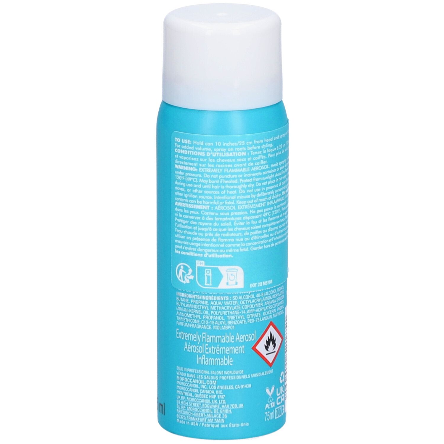 Dos d'un flacon de laque turquoise avec bouchon blanc. Texte et symboles. Contient un avertissement: Extrêmement inflammable.