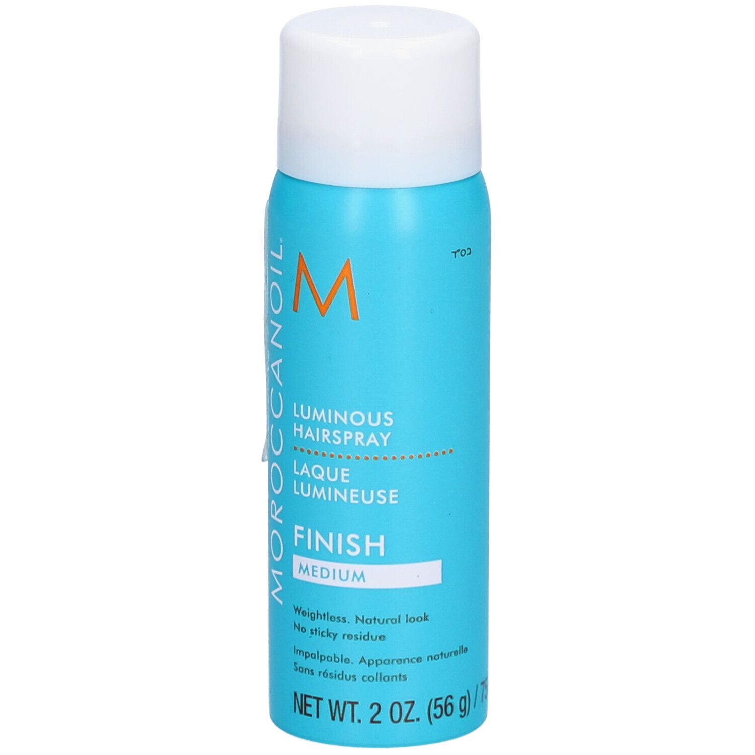 Flacon de laque turquoise avec bouchon blanc. Inscriptions: MOROCCANOIL, Luminous Hairspray, Finish Medium. 2 oz. (56 g).