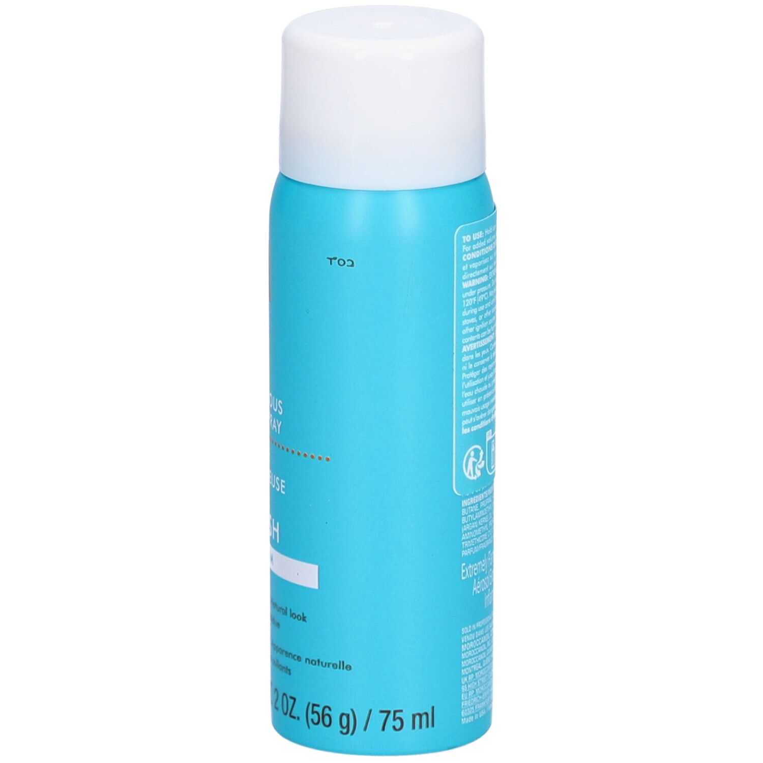 Dos d'un flacon de laque turquoise avec bouchon blanc. Texte et symboles. 2 oz. (56 g) / 75 ml.