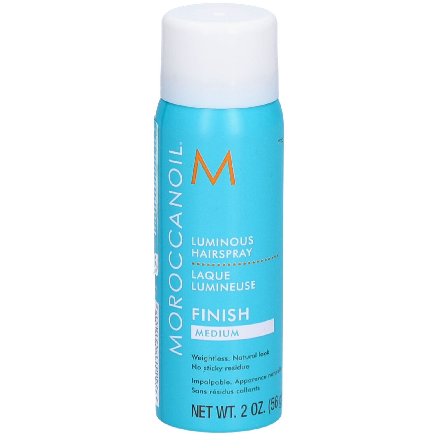 Flacon de laque turquoise avec bouchon blanc. Inscriptions: MOROCCANOIL, Luminous Hairspray, Finish Medium. 2 oz. (56 g).