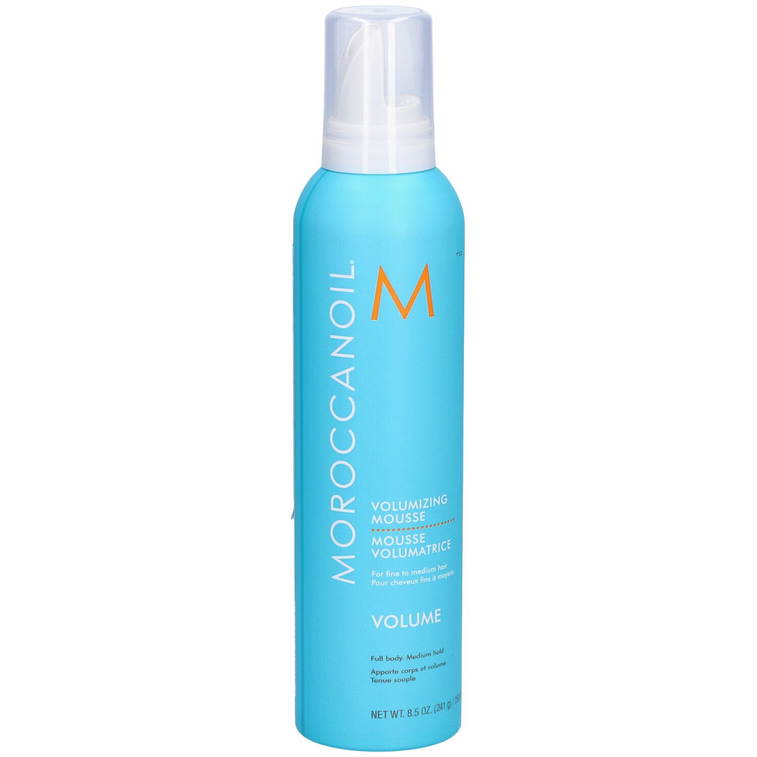 Flacon bleu turquoise avec pompe blanche. Logo 'M' orange et texte 'MOROCCANOIL'. Inscription: 'VOLUMIZING MOUSSE'.