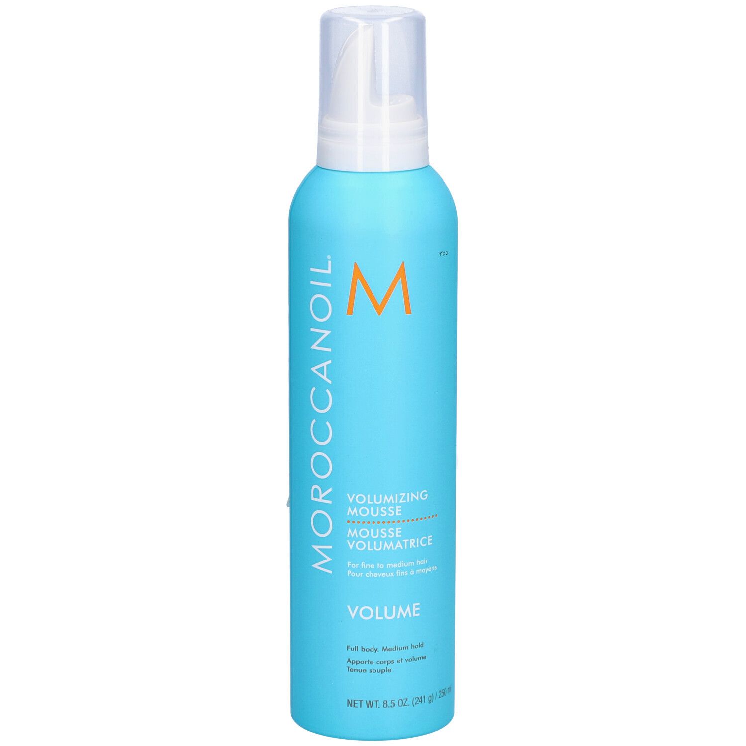 Flacon bleu turquoise avec pompe blanche. Logo 'M' orange et texte 'MOROCCANOIL'. Inscription: 'VOLUMIZING MOUSSE'.