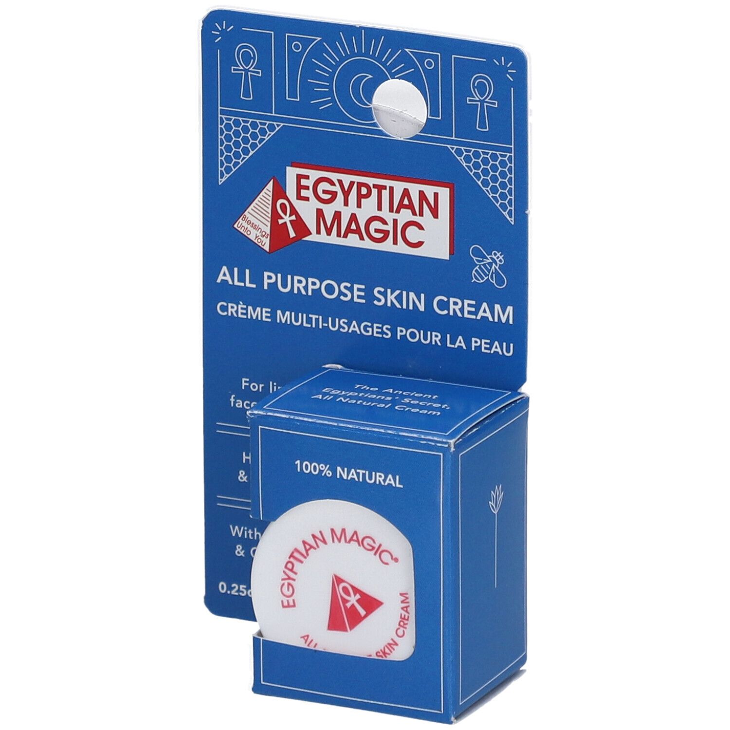 Présentoir en carton bleu avec crème. Inscription : Egyptian Magic, All Purpose Skin Cream. Pot de crème rond avec logo rouge.