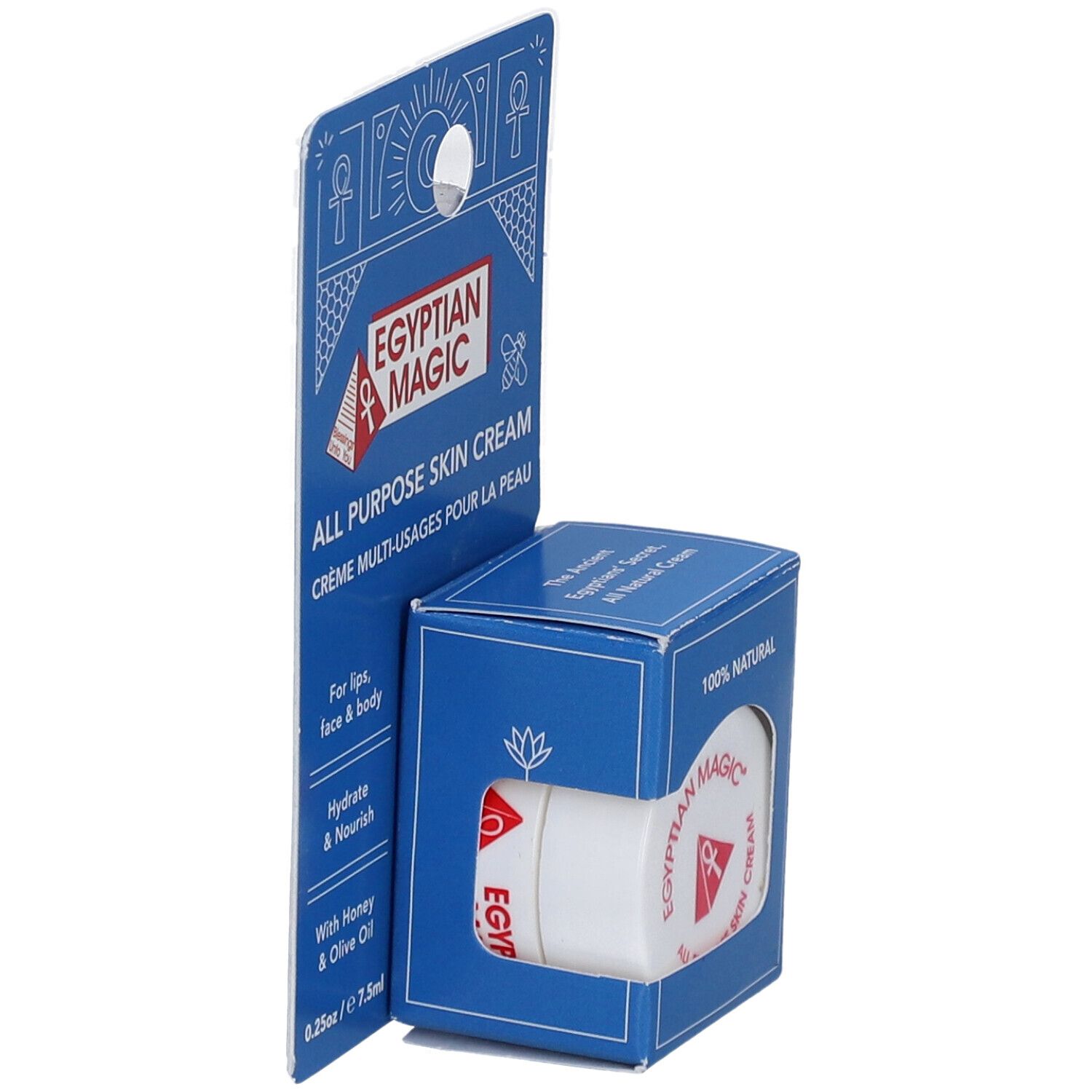 Présentoir en carton bleu avec crème. Inscription : Egyptian Magic, All Purpose Skin Cream. Pot de crème rond avec logo rouge.