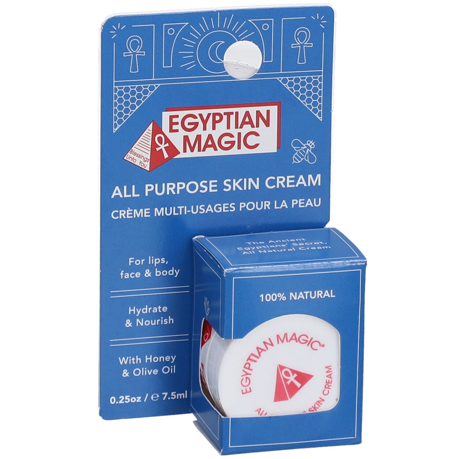 Présentoir en carton bleu avec crème. Inscription : Egyptian Magic, All Purpose Skin Cream. Pot de crème rond avec logo rouge.