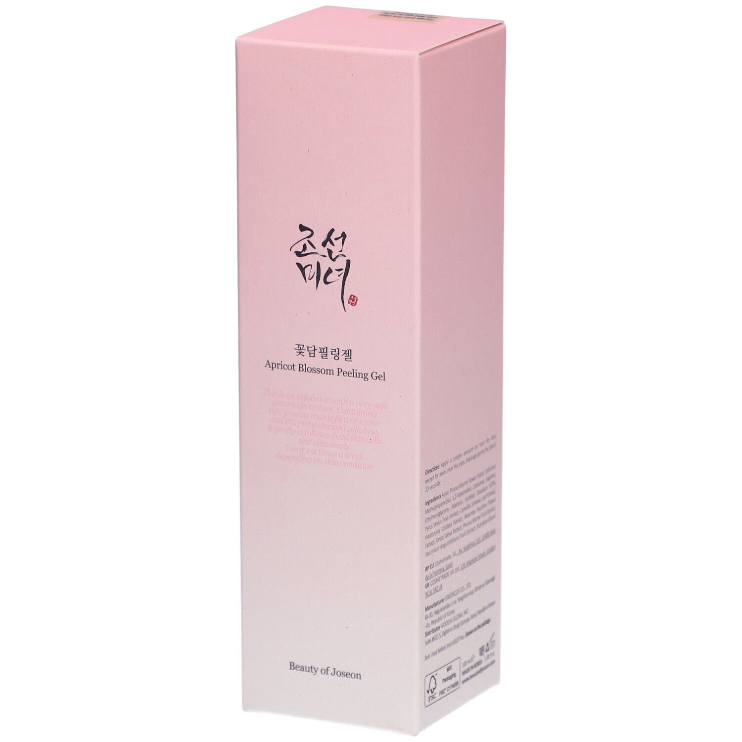 Boîte rose. Texte: Apricot Blossom Peeling Gel. Marque: Beauty of Joseon. Caractères coréens.