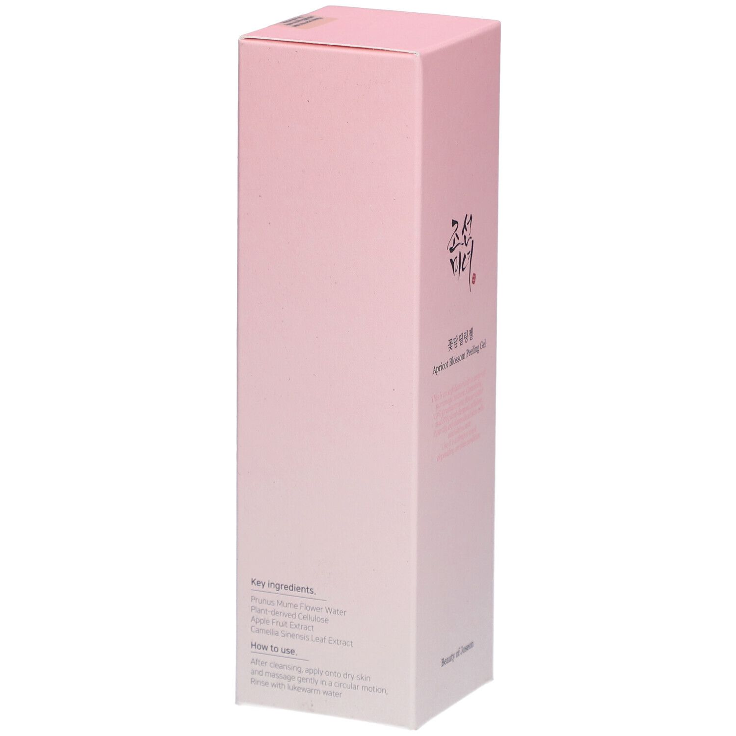Boîte rose. Texte: Apricot Blossom Peeling Gel. Marque: Beauty of Joseon. Ingrédients.