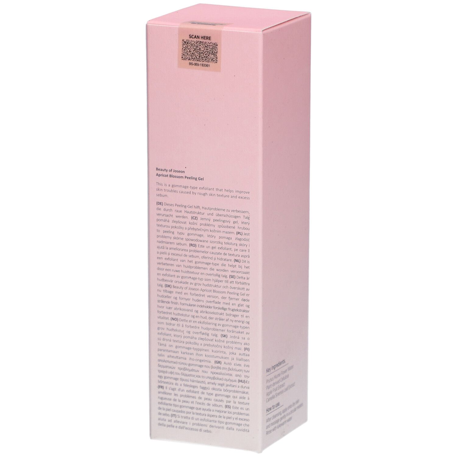 Boîte rose. Texte: Apricot Blossom Peeling Gel. Marque: Beauty of Joseon. Informations produit.