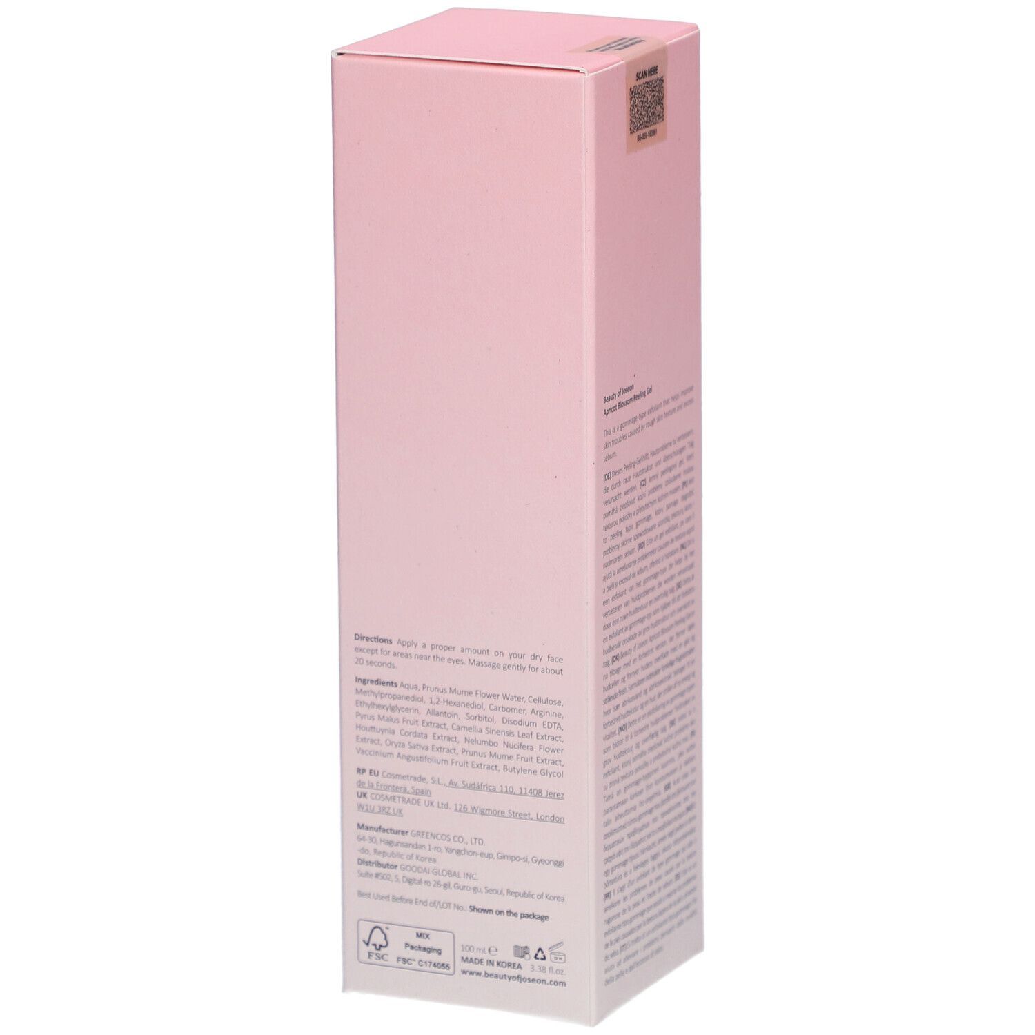 Boîte rose. Texte: Apricot Blossom Peeling Gel. Marque: Beauty of Joseon. Informations produit.