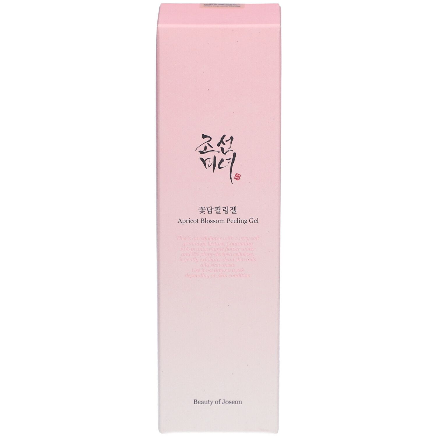 Boîte rose. Texte: Apricot Blossom Peeling Gel. Marque: Beauty of Joseon. Caractères coréens.
