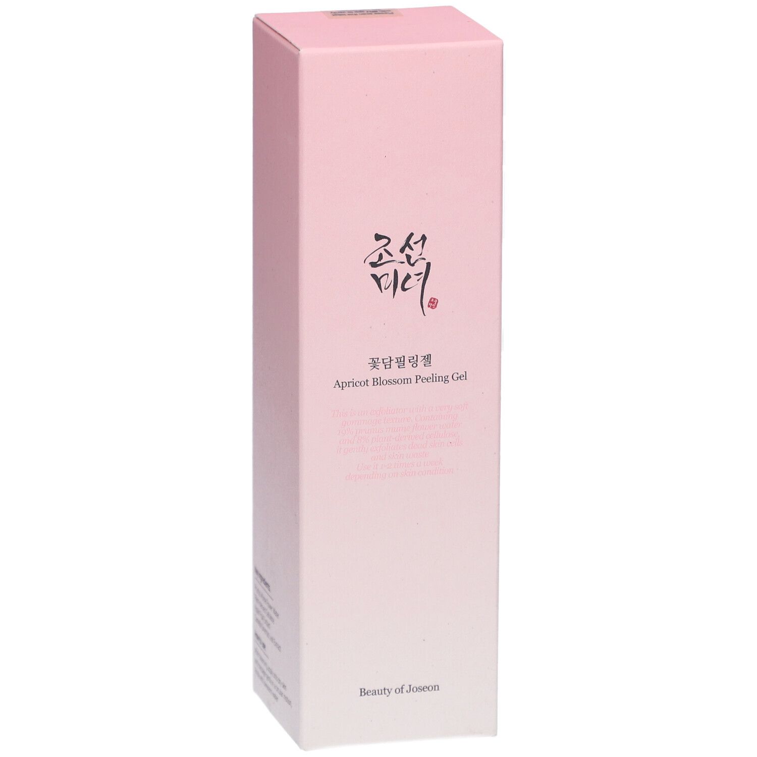 Boîte rose. Texte: Apricot Blossom Peeling Gel. Marque: Beauty of Joseon. Caractères coréens.