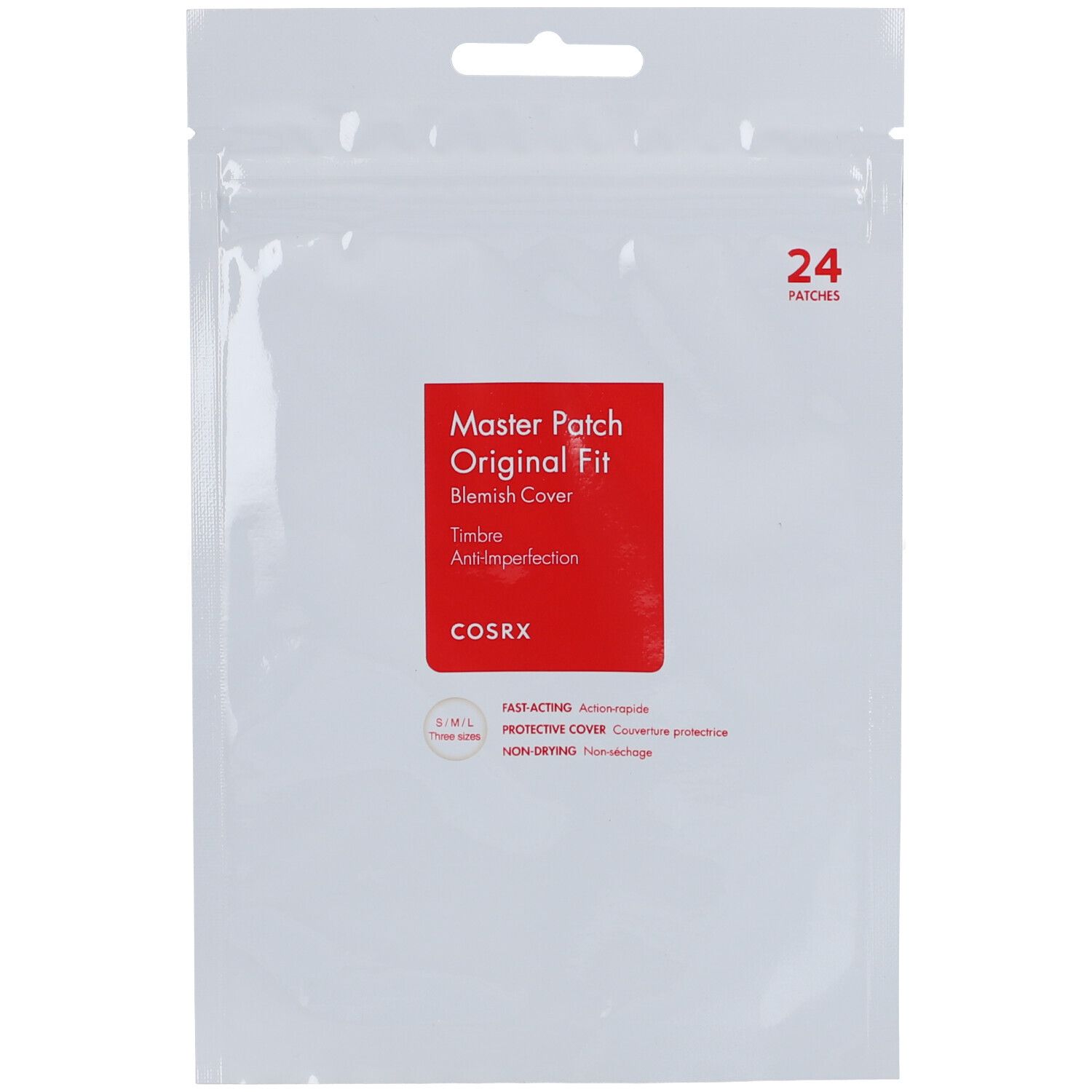 Emballage blanc transparent avec 24 patchs. Étiquette rouge avec nom du produit: Master Patch Original Fit. Marque: Cosrx.