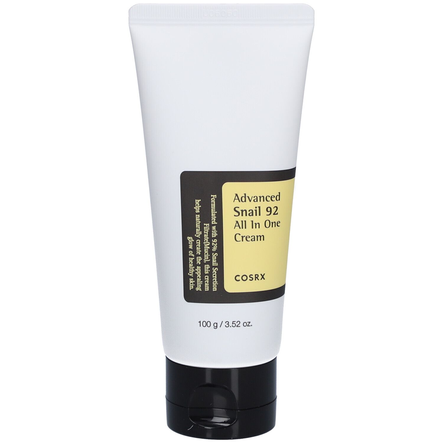 Tube blanche avec bouchon noir. Étiquette avec nom et marque du produit. Fond jaune. Texte: Advanced Snail 92 All in One Cream.