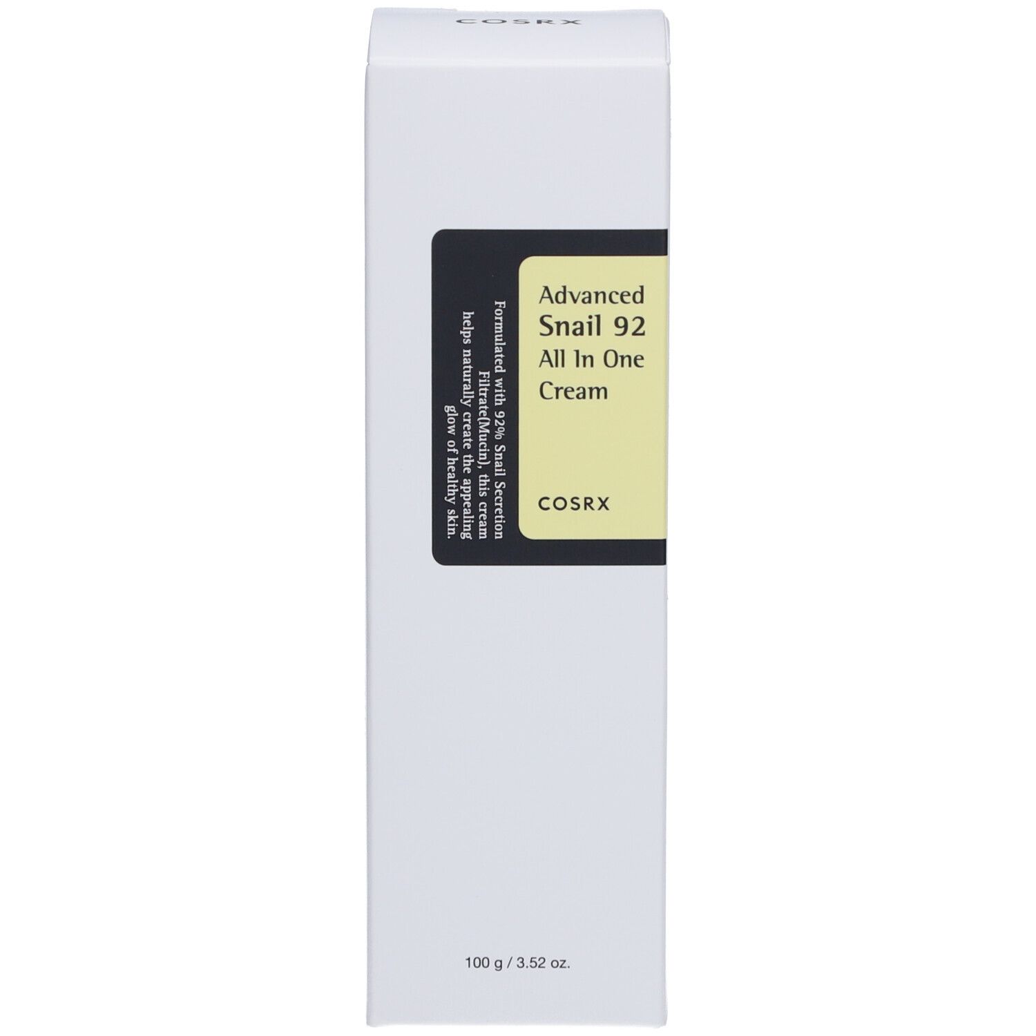 Emballage blanc. Étiquette avec nom et marque du produit. Fond jaune. Texte: Advanced Snail 92 All in One Cream. Logo COSRX.