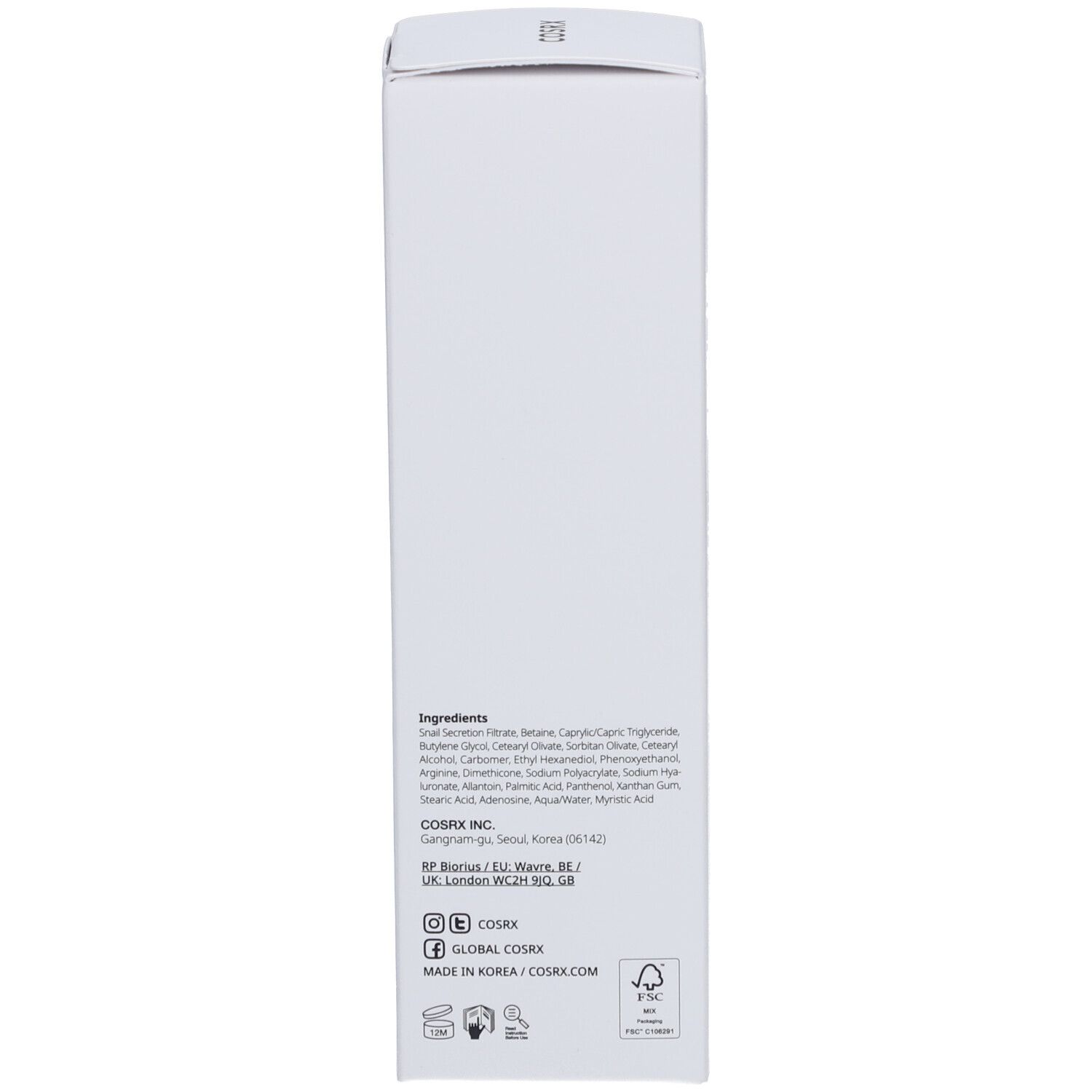 Emballage blanc. Texte: Ingrédients, COSRX INC., logos et informations. Logo FSC.