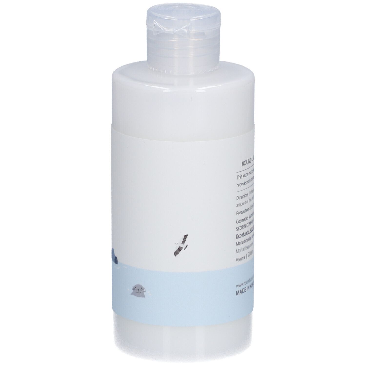 Flacon de lotion blanc avec bouchon rabattable. Texte au dos. Informations sur les ingrédients et le fabricant.