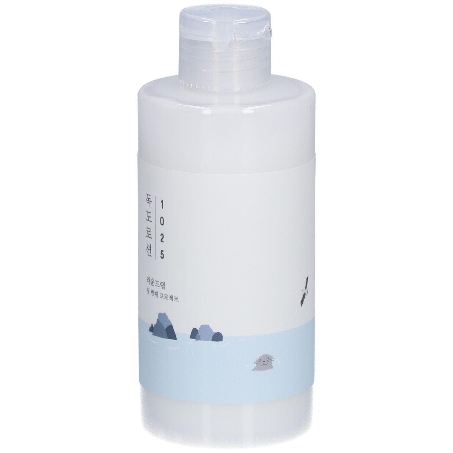 Flacon de lotion blanc avec bouchon rabattable. Bande bleue avec illustration de rochers. Caractères coréens.