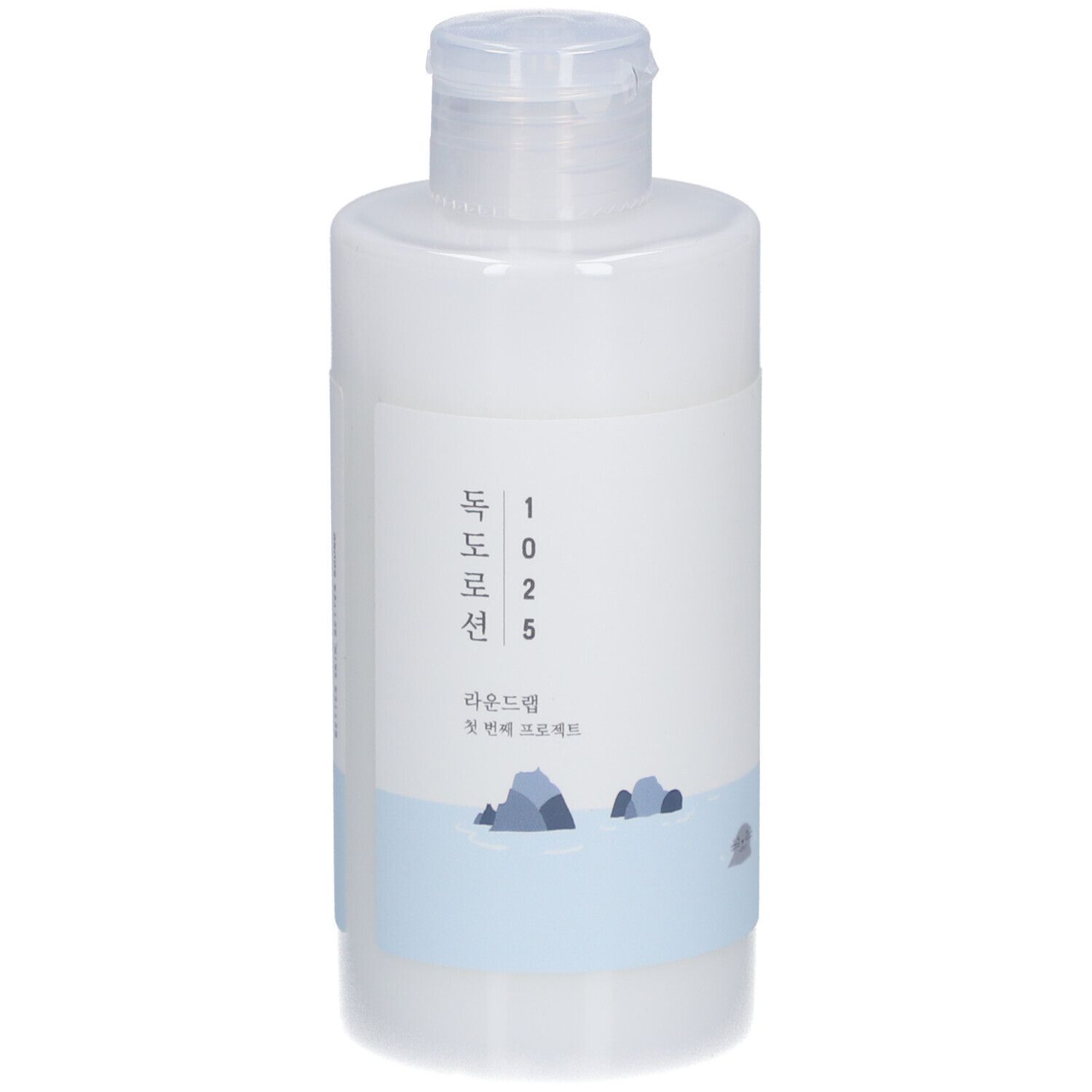 Flacon de lotion blanc avec bouchon rabattable. Bande bleue avec illustration de rochers. Caractères coréens.