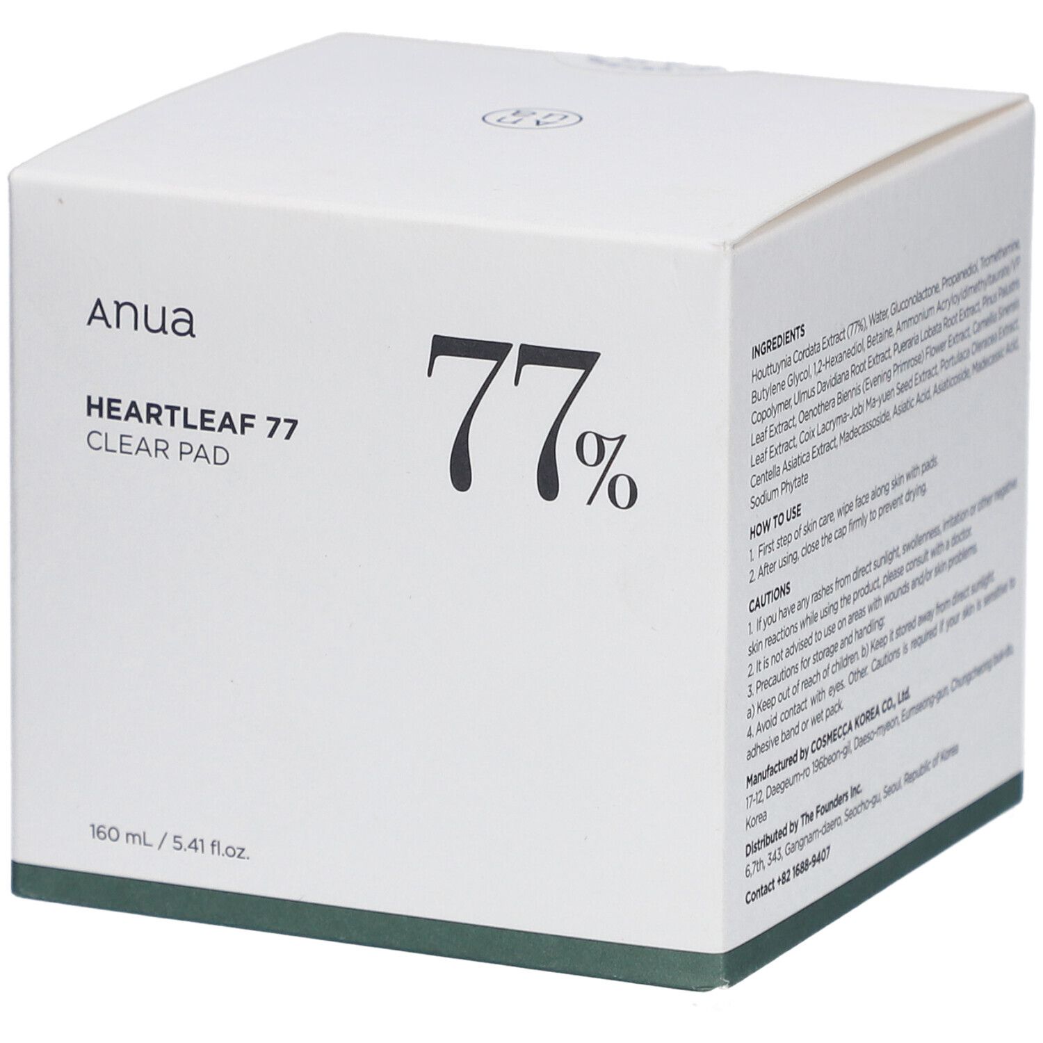 Boîte blanche avec informations produit. Inscription : Anua, Heartleaf 77 Clear Pad, 77%.