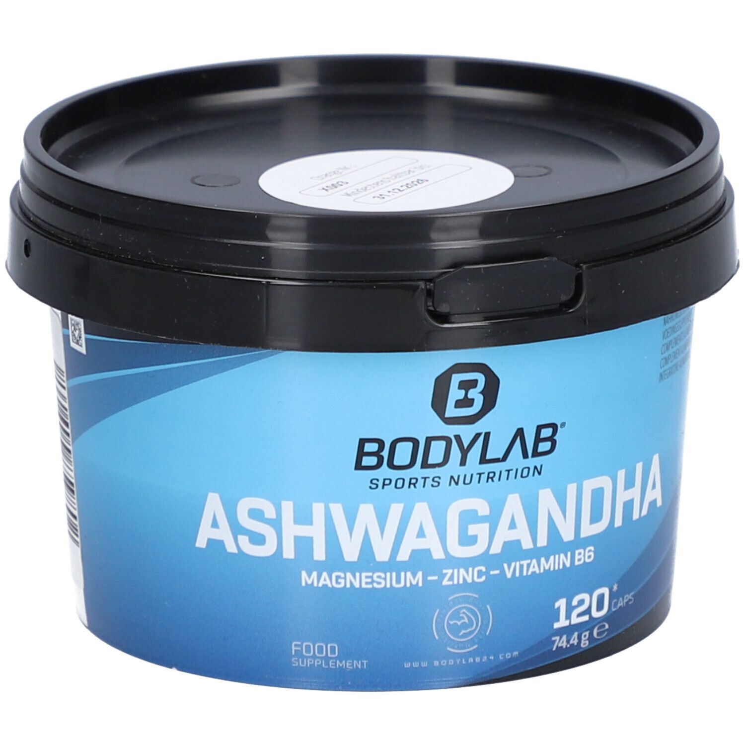 Récipient bleu avec couvercle noir. Inscription : BODYLAB Ashwagandha, Magnésium, Zinc, Vitamine B6. 120 gélules.