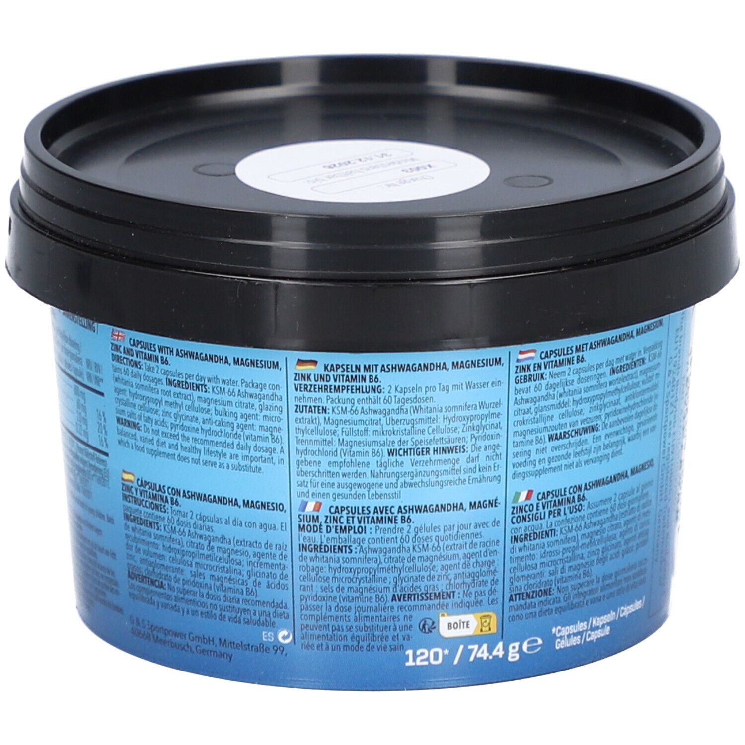 Récipient bleu avec couvercle noir. Texte au dos en plusieurs langues. 120 gélules, 74,4g.