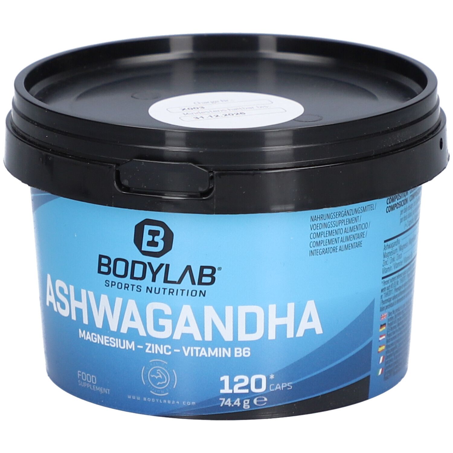 Récipient bleu avec couvercle noir. Inscription : BODYLAB Ashwagandha, Magnésium, Zinc, Vitamine B6. 120 gélules, 74,4g.