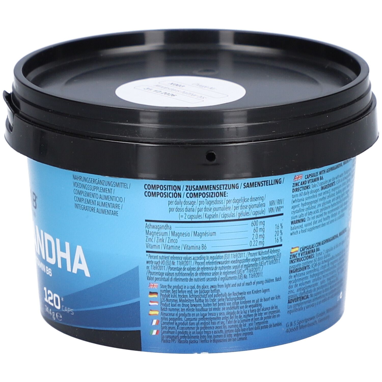 Récipient bleu avec couvercle noir. Texte au dos en plusieurs langues. 120 gélules, 74,4g. Ingrédients.